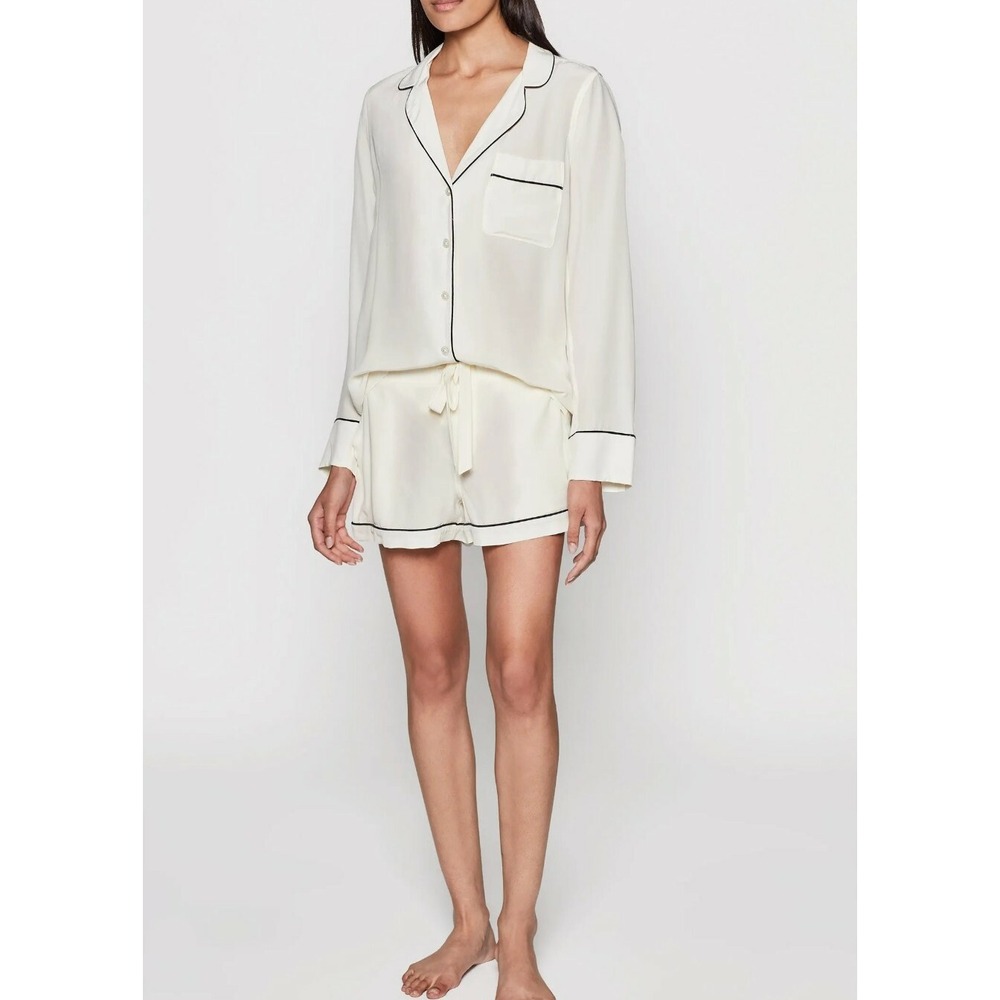Equipment Lillian Washed Silk Short Pajama Set Nature White Black Piping XL $403